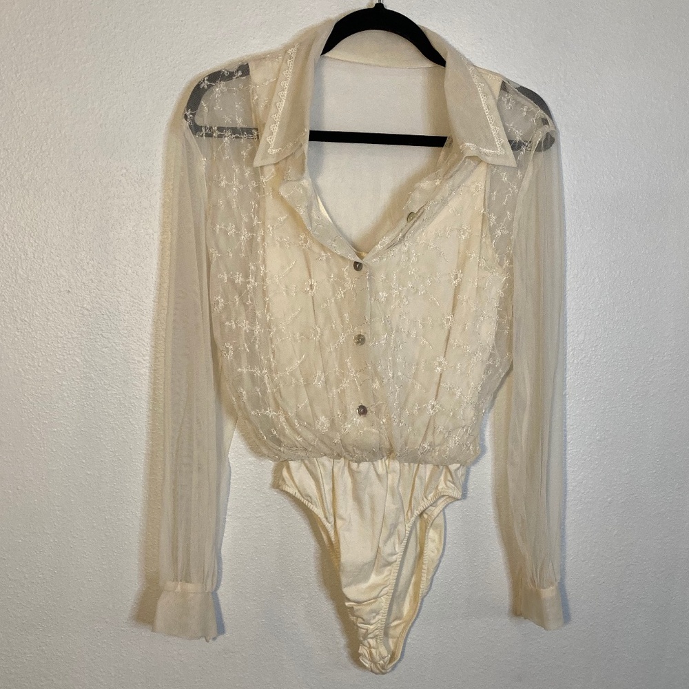 90s vintage Cristina sheer long sleeve button front collared body suit